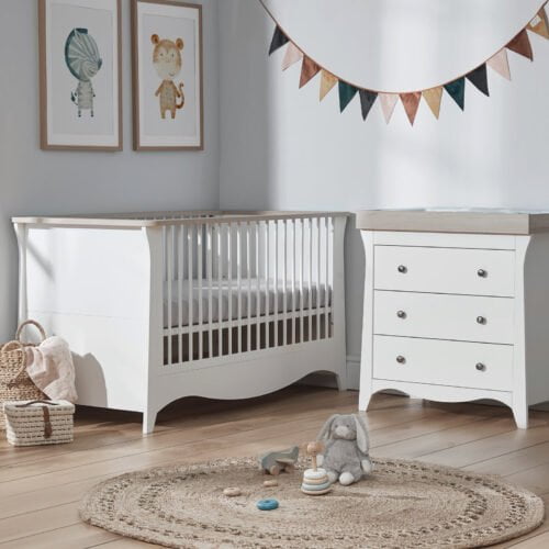 CuddleCo Clara 2 Piece Nursery Furniture Set (Cot Bed & Dresser) - Driftwood Ash & White